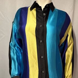 80s 100% Silk Striped Blouse Bold Avante Garde 8P